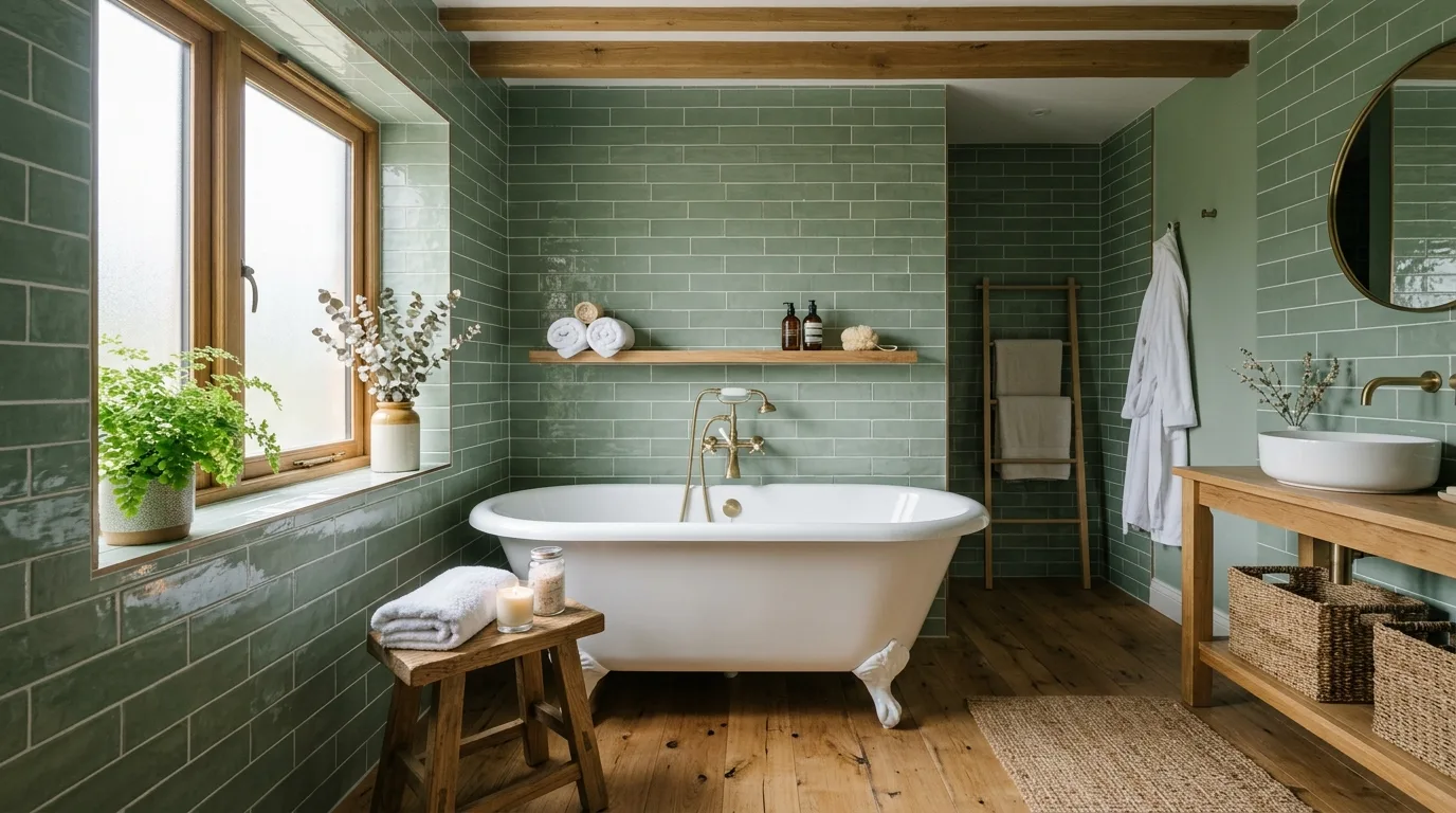 Green bathroom with natural textures and a calm spa-like mood.